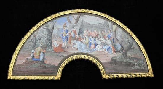 A gouache on paper fan leaf, 18th century, 50cm x 25cm excluding frame